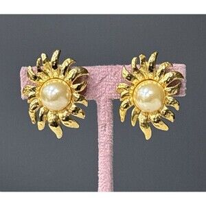 Vintage Faux Pearl Clip On Earrings Sunburst Floral Statement Gold Tone 80s 90s